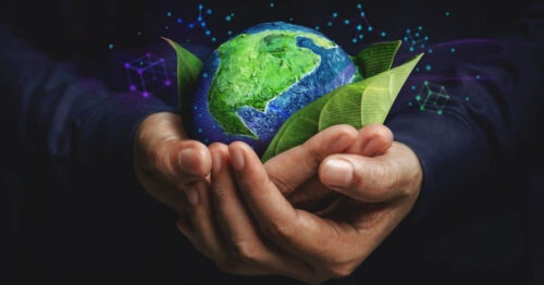 Two hands holding the planet earth and a bunch of green leaves.